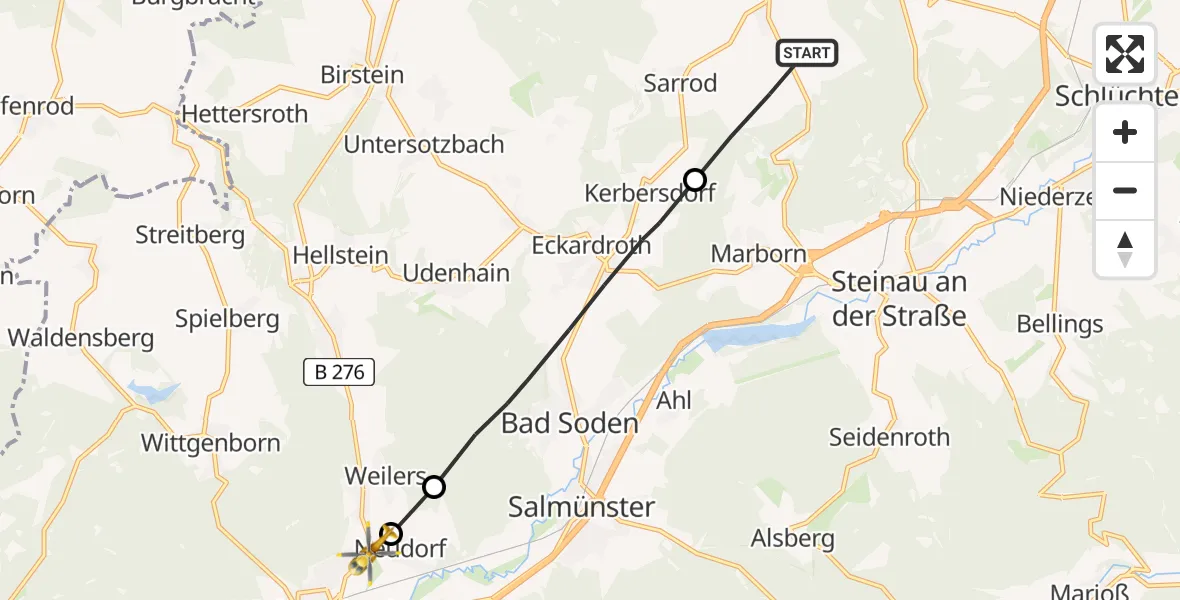 Flugroute Rettungshubschrauber Steinau an der Straße - Wächtersbach, 20 Juli 2026, 07:12
