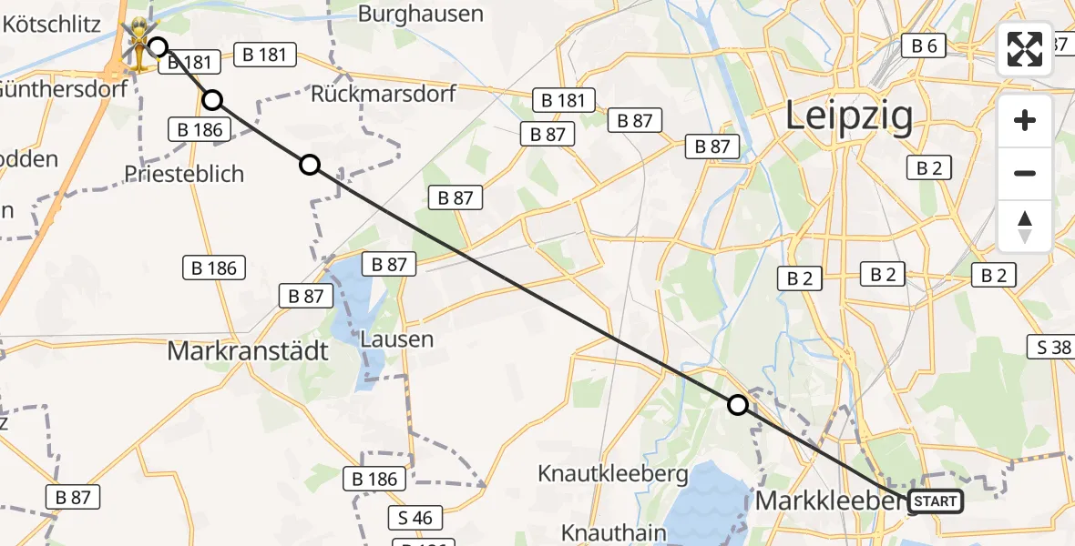 Flugroute Rettungshubschrauber Markkleeberg - ADAC Air Rescue Station Leipzig/Schkeuditz-Dölzig Hubschrauberlandeplatz (Christoph 61), 20 Juli 2026, 07:20