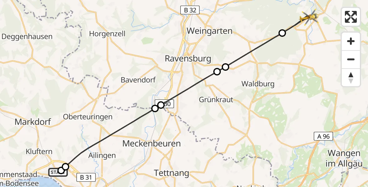Flugroute Rettungshubschrauber Friedrichshafen Hospital - Wolfegg, 20 Juli 2026, 07:21