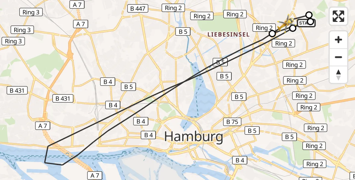 Flugroute Rettungshubschrauber Hamburg Military Hospital - Hamburg, 20 Juli 2026, 07:22