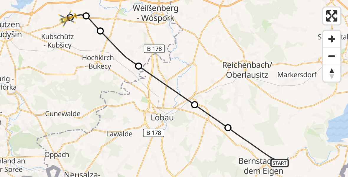 Flugroute Rettungshubschrauber Bernstadt a.d.Eigen - Bautzen Flugplatz, 20 Juli 2026, 07:25