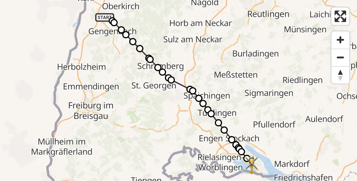 Flugroute Rettungshubschrauber Offenburg - Allensbach, 20 Juli 2026, 07:29