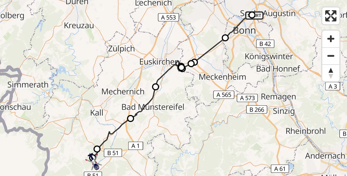 Flugroute Polizeihubschrauber Sankt Augustin - Dahlem, 20 Juli 2026, 07:41