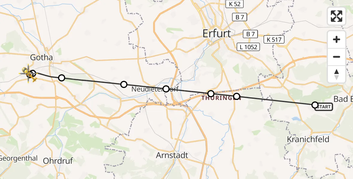 Flugroute Ambulanzhubschrauber Bad Berka - Helios Clinic Gotha, 20 Juli 2026, 07:45