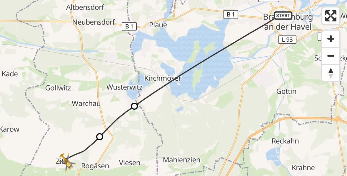 Flugroute Rettungshubschrauber Brandenburg an der Havel - Rosenau, 20 Juli 2026, 07:48