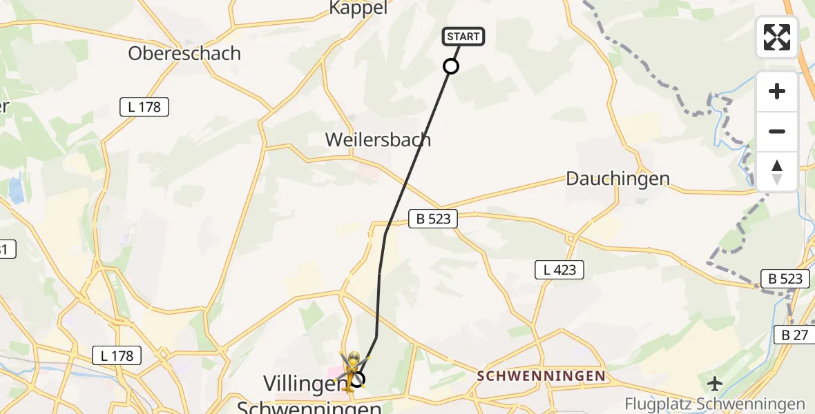 Flugroute Ambulanzhubschrauber Niedereschach - DRF Air Rescue Station Villingen-Schwenningen Hubschrauberlandeplatz (Christoph 11), 20 Juli 2026, 07:49