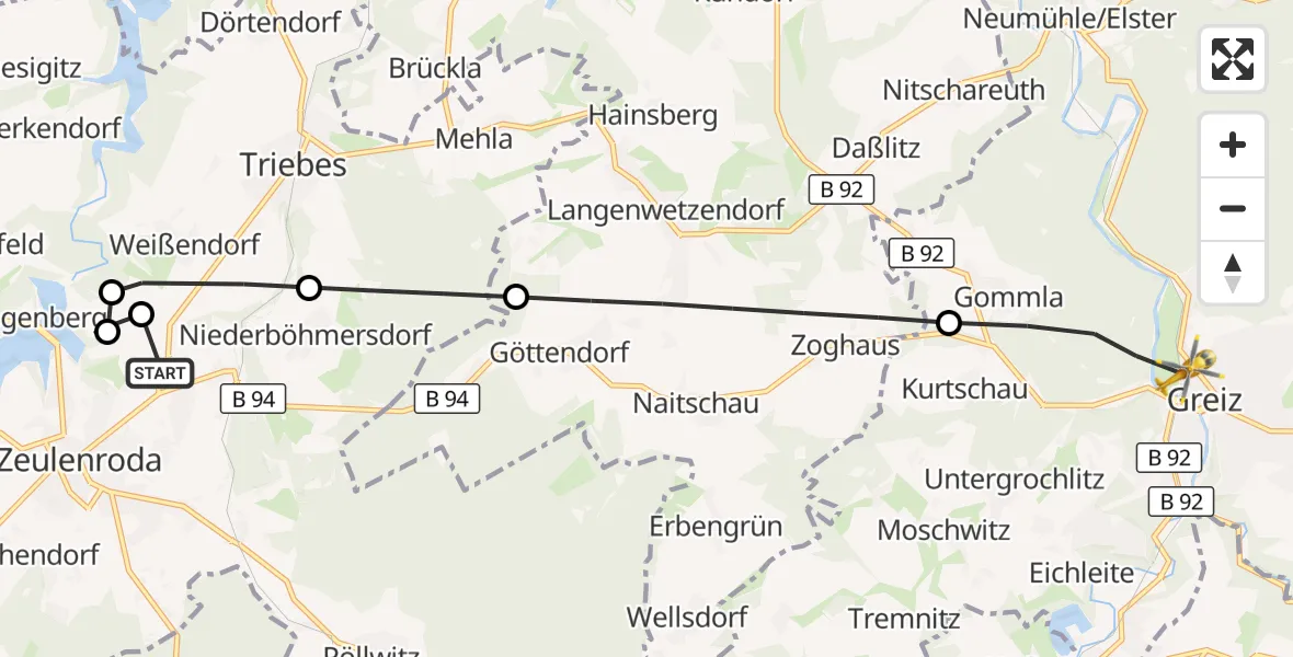 Flugroute Rettungshubschrauber Zeulenroda-Triebes - Greiz, 20 Juli 2026, 07:49