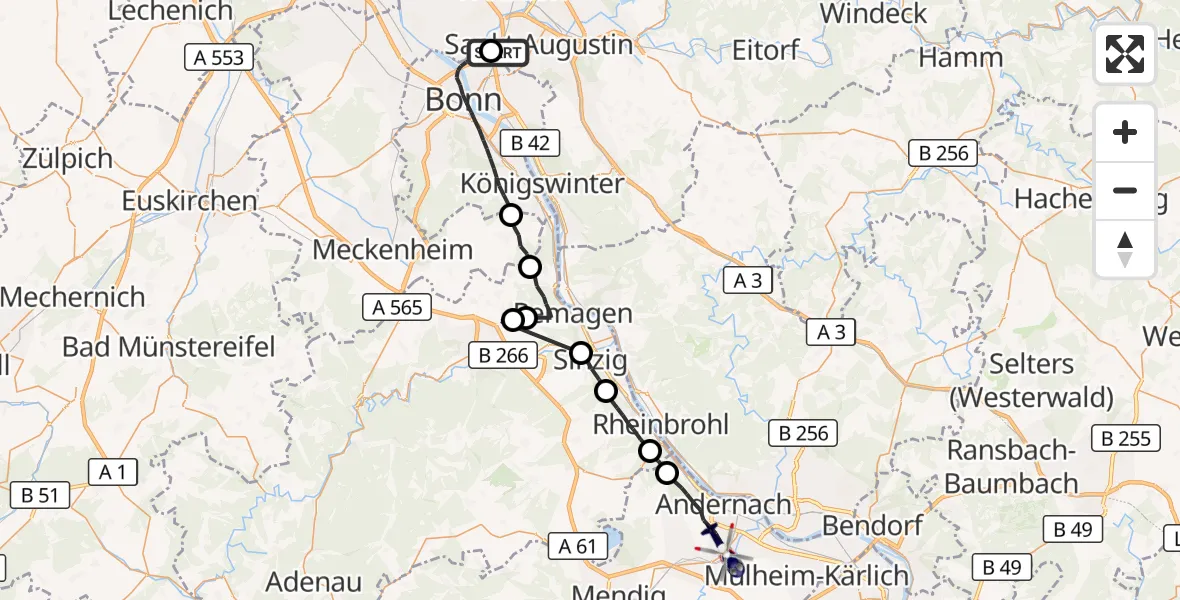 Flugroute Polizeihubschrauber Sankt Augustin - Andernach, 20 Juli 2026, 07:51