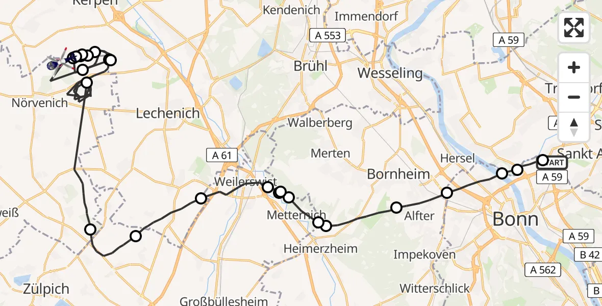 Flugroute Polizeihubschrauber Sankt Augustin - Militärflugplatz Nörvenich, 20 Juli 2026, 07:57