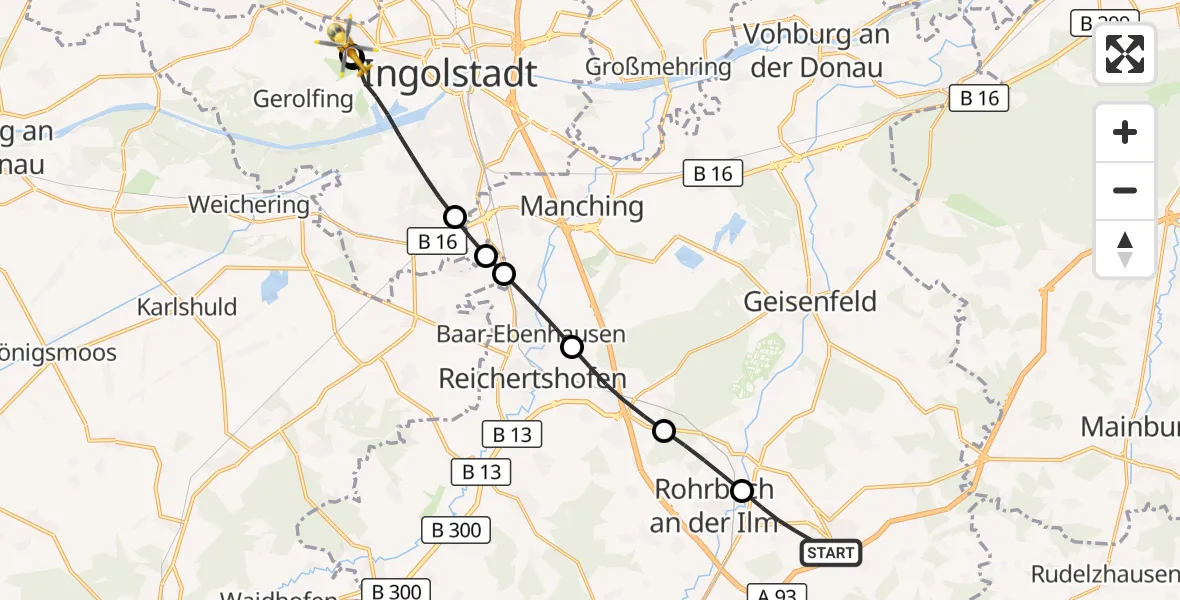 Flugroute Rettungshubschrauber Wolnzach - Ingolstadt Hospital, 20 Juli 2026, 08:05