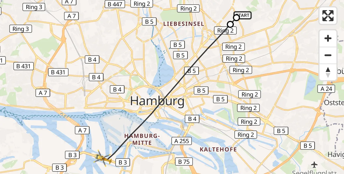 Flugroute Rettungshubschrauber Hamburg Military Hospital - Hamburg, 20 Juli 2026, 08:09