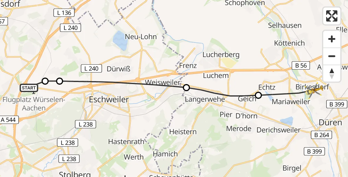 Flugroute Rettungshubschrauber Aachen-Merzbrück Flughafen - Düren, 20 Juli 2026, 08:17