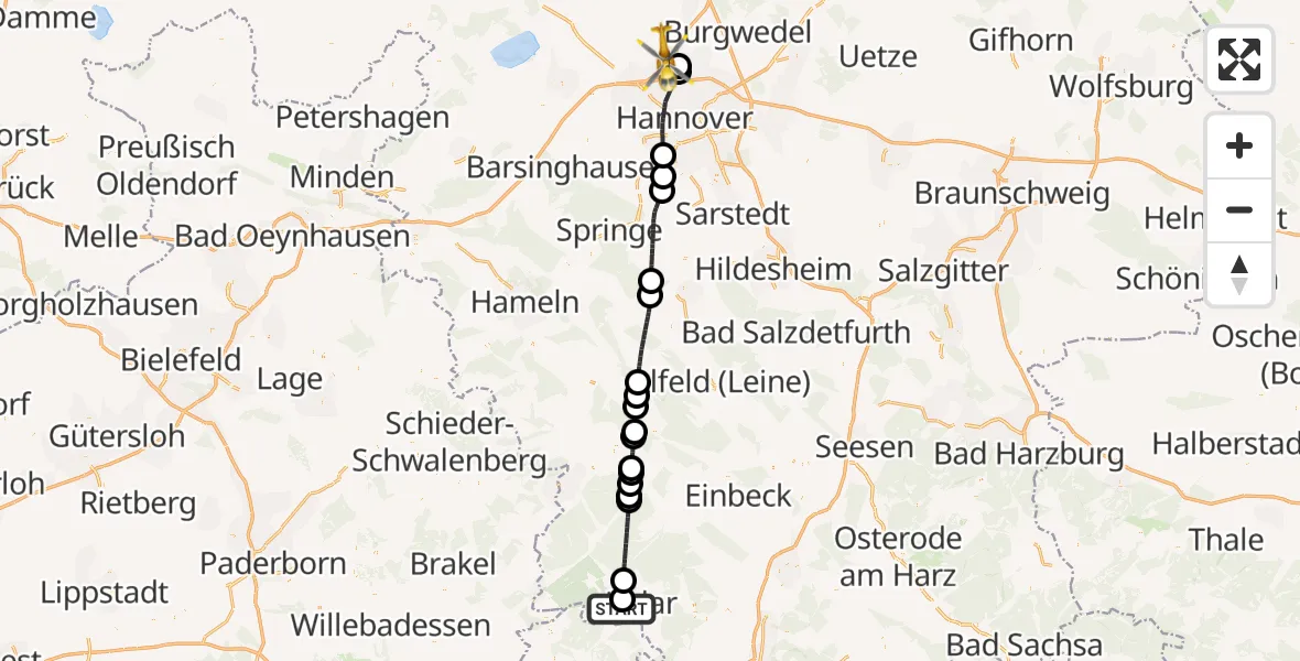 Flugroute Rettungshubschrauber Solling (Landkreis Northeim) - Flughafen Hannover, 20 Juli 2026, 08:17