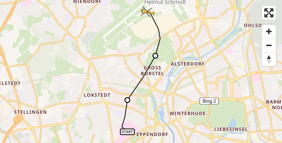 Flugroute Rettungshubschrauber Universitätsklinikum Hamburg-Eppendorf Hubschrauberlandeplatz - Hamburg Helmut Schmidt Flughafen, 20 Juli 2026, 08:24