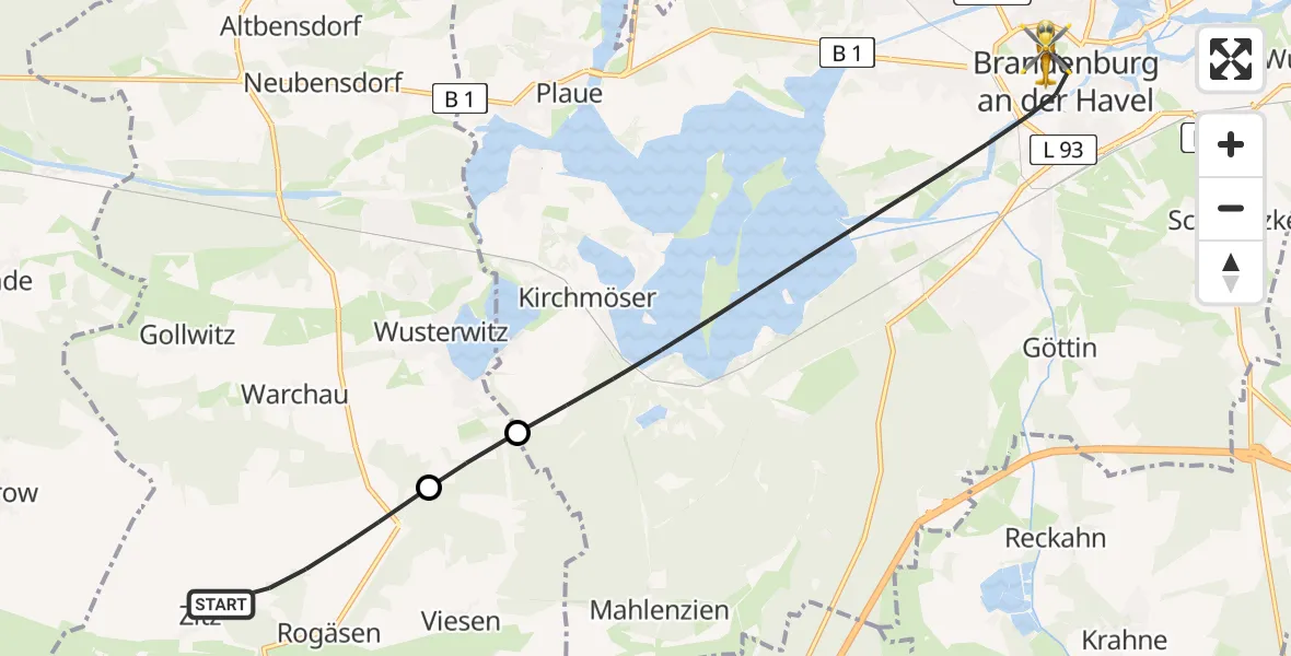 Flugroute Rettungshubschrauber Rosenau - Brandenburg an der Havel, 20 Juli 2026, 08:25