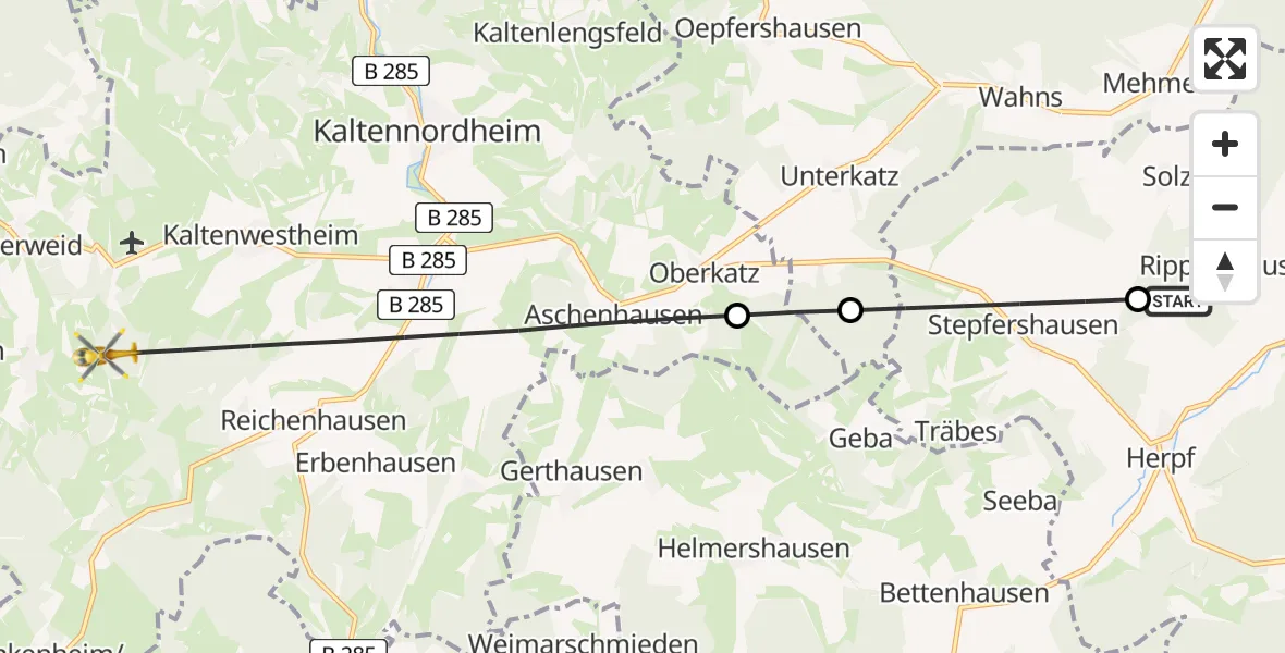 Flugroute Rettungshubschrauber Rippershausen - Kaltennordheim, 20 Juli 2026, 08:26