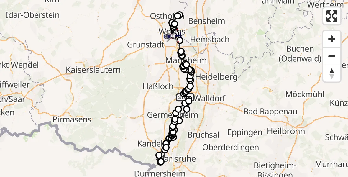 Flugroute Polizeihubschrauber Speyer - Worms Flugplatz, 20 Juli 2026, 08:27
