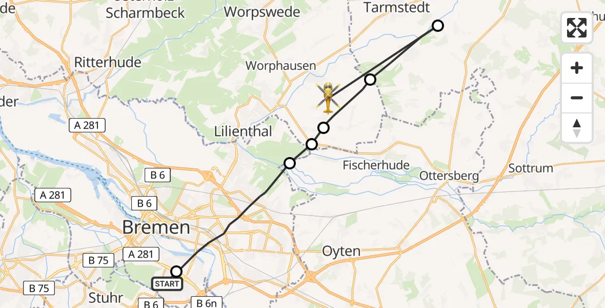 Flugroute Rettungshubschrauber ADAC Air Rescue Station Bremen Hubschrauberlandeplatz (Christoph 6) - Grasberg, 20 Juli 2026, 08:29