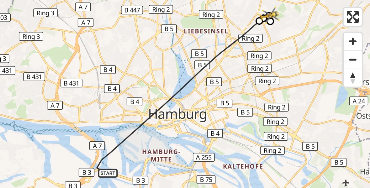 Flugroute Rettungshubschrauber Hamburg - Hamburg Bundeswehrkrankenhaus Hubschrauberlandeplatz, 20 Juli 2026, 08:32