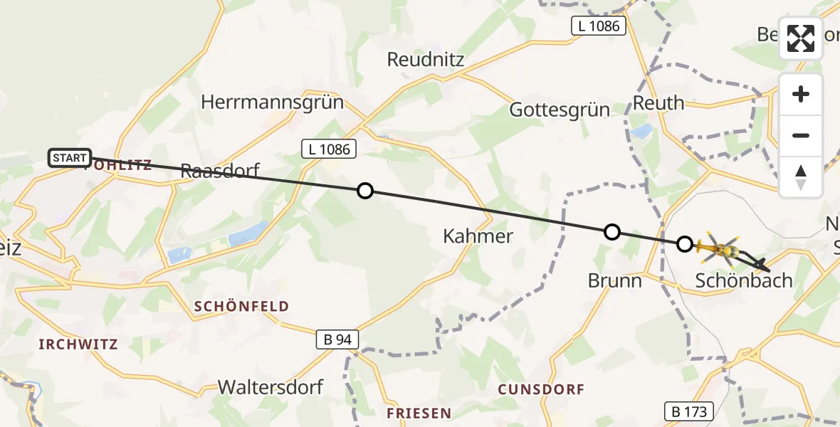 Flugroute Rettungshubschrauber Greiz - Neumark, 20 Juli 2026, 08:34