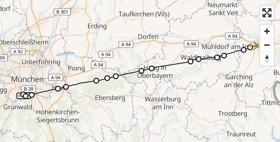 Flugroute Rettungshubschrauber ADAC Air Rescue Center Hubschrauberlandeplatz (Christoph 1) - Neuötting, 20 Juli 2026, 08:35