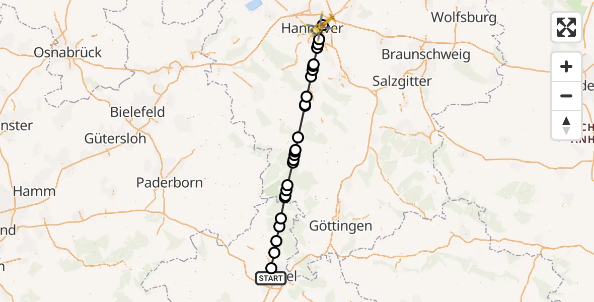 Flugroute Rettungshubschrauber Kassel - Hannover Luftrettung Hubschrauberlandeplatz (Christoph 4), 20 Juli 2026, 08:37