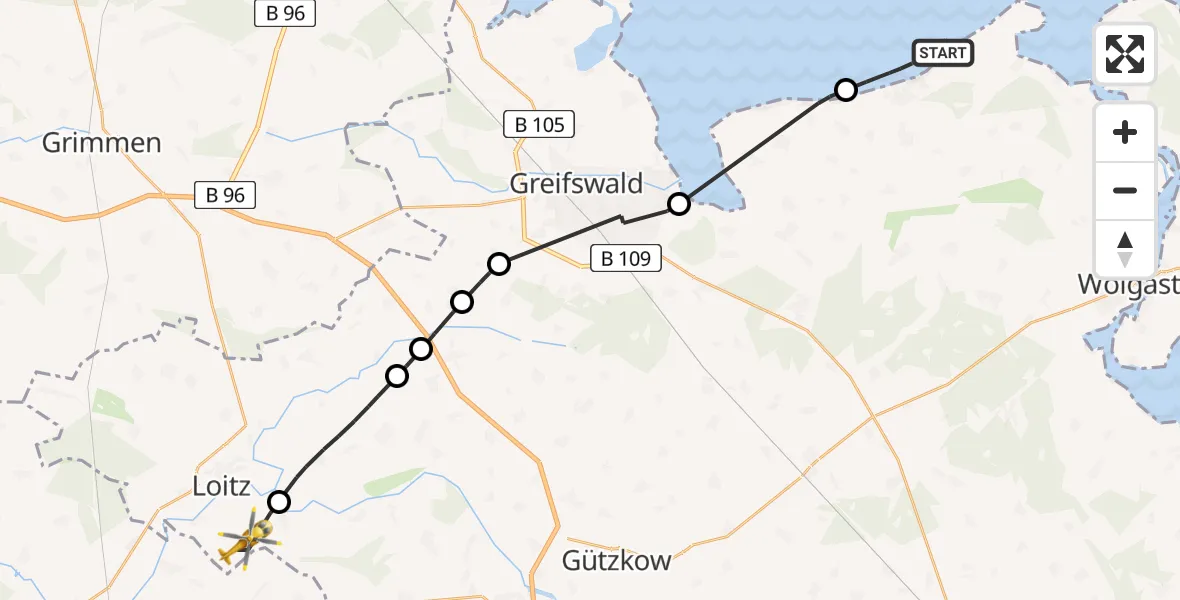 Flugroute Rettungshubschrauber Lubmin - Loitz, 20 Juli 2026, 08:42