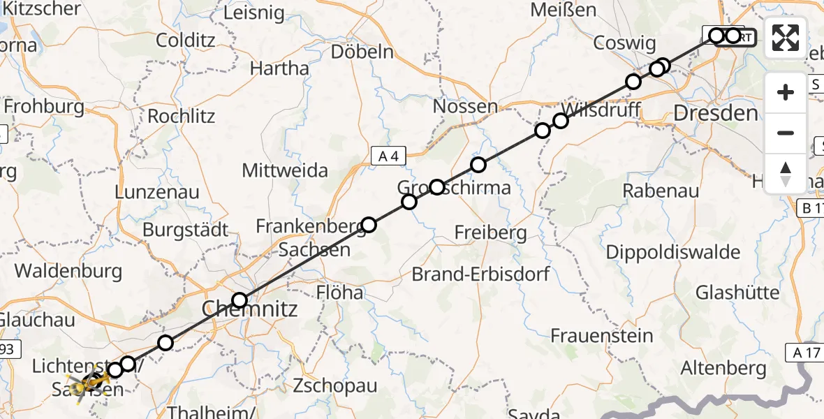 Flugroute Rettungshubschrauber Dresden Bundespolizei Hubschrauberlandeplatz - DRK Hospital Lichtenstein, 20 Juli 2026, 08:42
