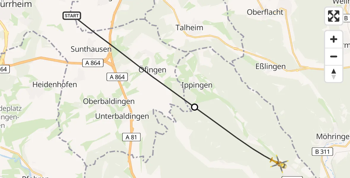 Flugroute Ambulanzhubschrauber Bad Dürrheim - Immendingen, 20 Juli 2026, 08:51