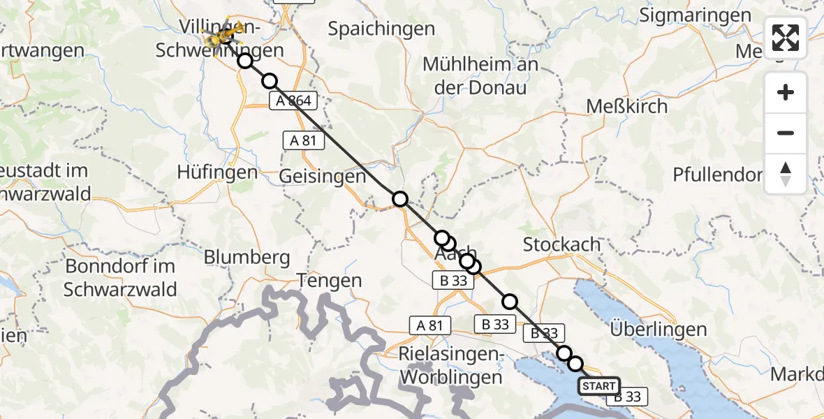 Flugroute Rettungshubschrauber Allensbach - DRF Air Rescue Station Villingen-Schwenningen Hubschrauberlandeplatz (Christoph 11), 20 Juli 2026, 08:51