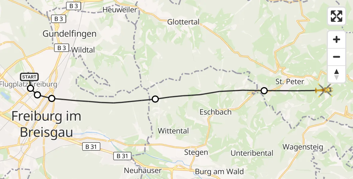 Flugroute Ambulanzhubschrauber Freiburg im Breisgau Flugplatz - St. Peter, 20 Juli 2026, 08:52