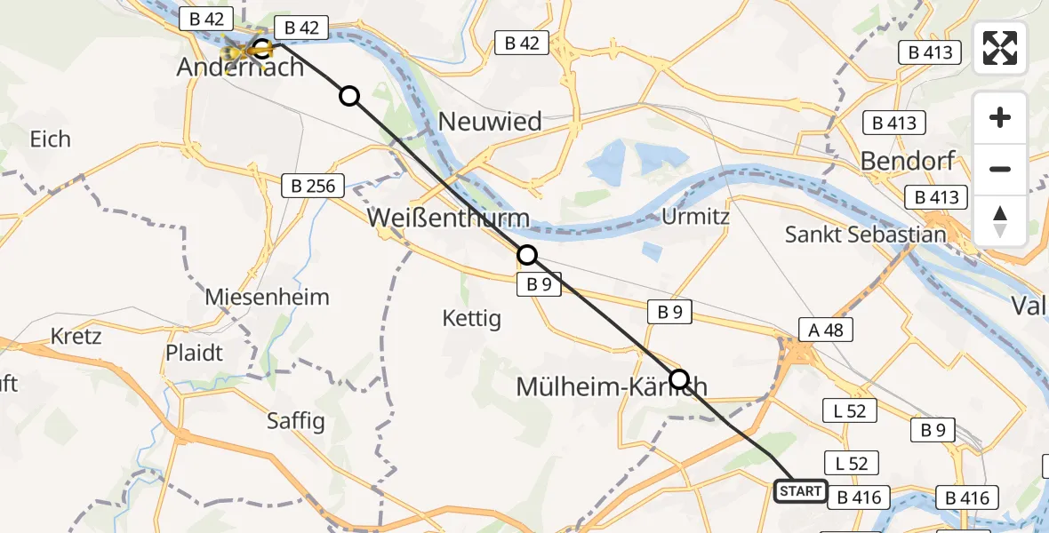 Flugroute Rettungshubschrauber Koblenz - Sankt-Nikolaus Diocesan Hospital, 20 Juli 2026, 08:55