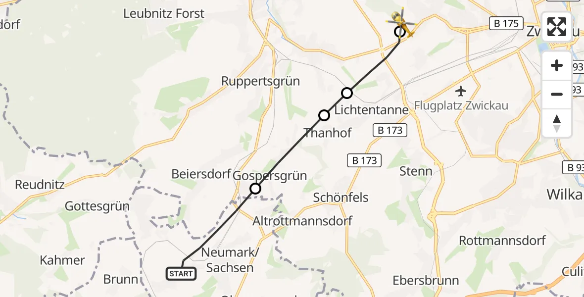 Flugroute Rettungshubschrauber Neumark - ADAC Air Rescue Station Zwickau Hubschrauberlandeplatz, 20 Juli 2026, 08:55