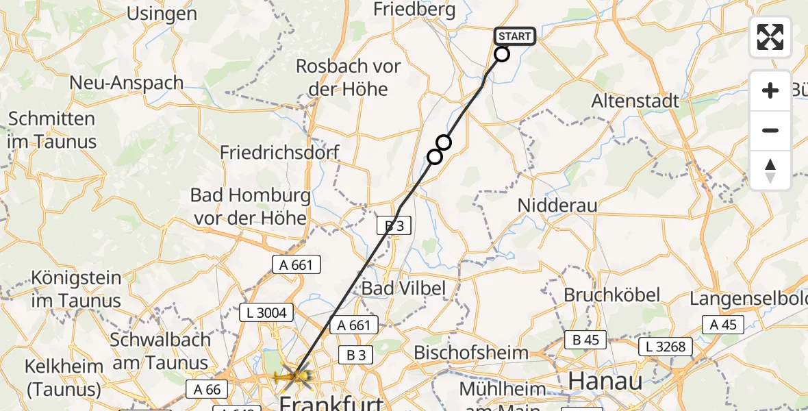 Flugroute Ambulanzhubschrauber Florstadt - Agaplesion Markus Hospital, 20 Juli 2026, 08:57