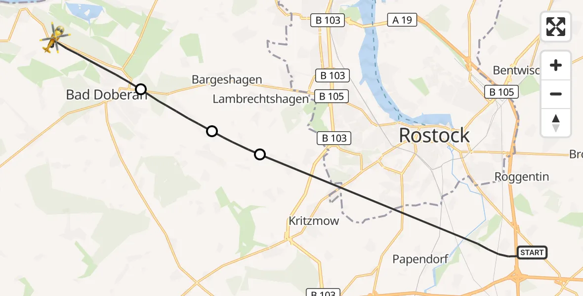 Flugroute Ambulanzhubschrauber Dummerstorf - Bad Doberan, 20 Juli 2026, 08:58