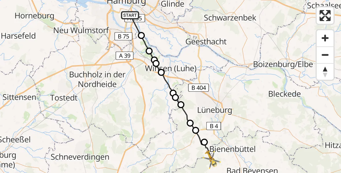 Flugroute Rettungshubschrauber Hamburg - Bienenbüttel, 20 Juli 2026, 09:04