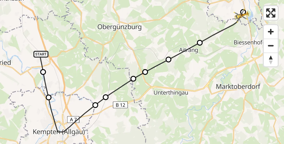 Flugroute Rettungshubschrauber Dietmannsried - Kaufbeuren, 20 Juli 2026, 09:07