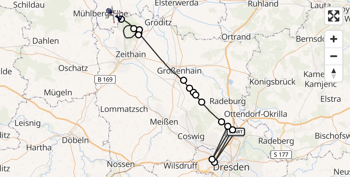Flugroute Polizeihubschrauber Dresden Flughafen - Mühlberg/Elbe, 20 Juli 2026, 09:25