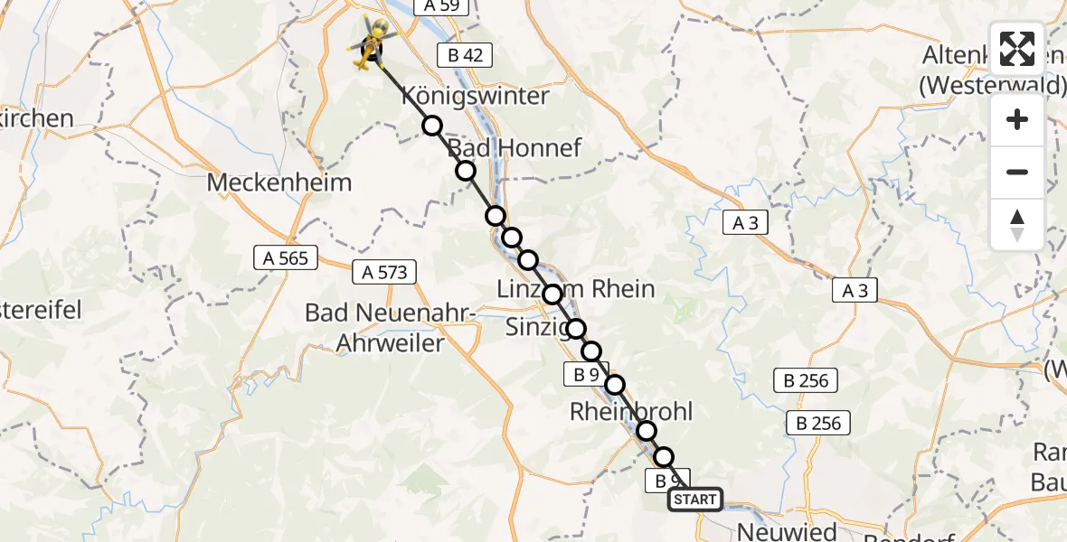 Flugroute Rettungshubschrauber Leutesdorf - Bonn University Hospital, 20 Juli 2026, 09:25