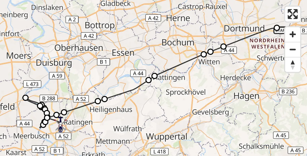 Flugroute Polizeihubschrauber Dortmund Flughafen - Düsseldorf Flughafen, 20 Juli 2026, 09:29