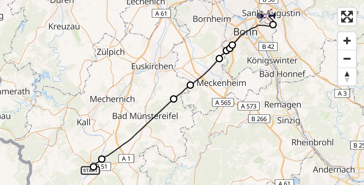 Flugroute Polizeihubschrauber Dahlem - Sankt Augustin, 20 Juli 2026, 09:32