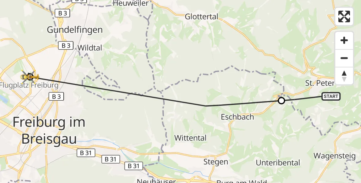 Flugroute Ambulanzhubschrauber St. Peter - Freiburg im Breisgau Flugplatz, 20 Juli 2026, 09:34