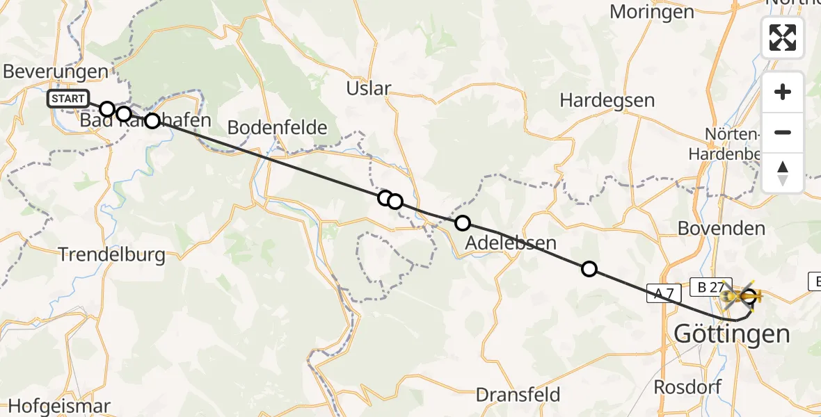 Flugroute Rettungshubschrauber Lauenförde - Göttingen University Clinic Hubschrauberlandeplatz, 20 Juli 2026, 09:34