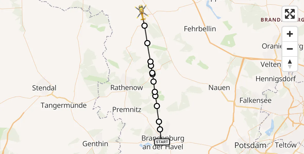 Flugroute Rettungshubschrauber Brandenburg an der Havel - Neustadt (Dosse), 20 Juli 2026, 09:41
