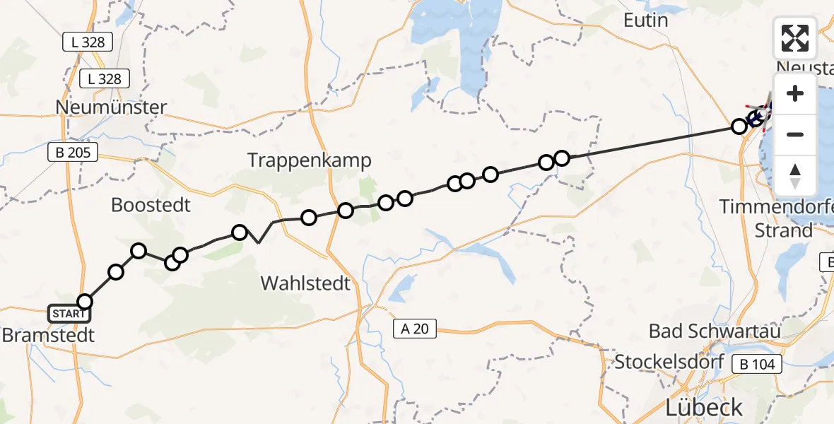 Flugroute Polizeihubschrauber Bimöhlen - Sierksdorf, 20 Juli 2026, 09:42