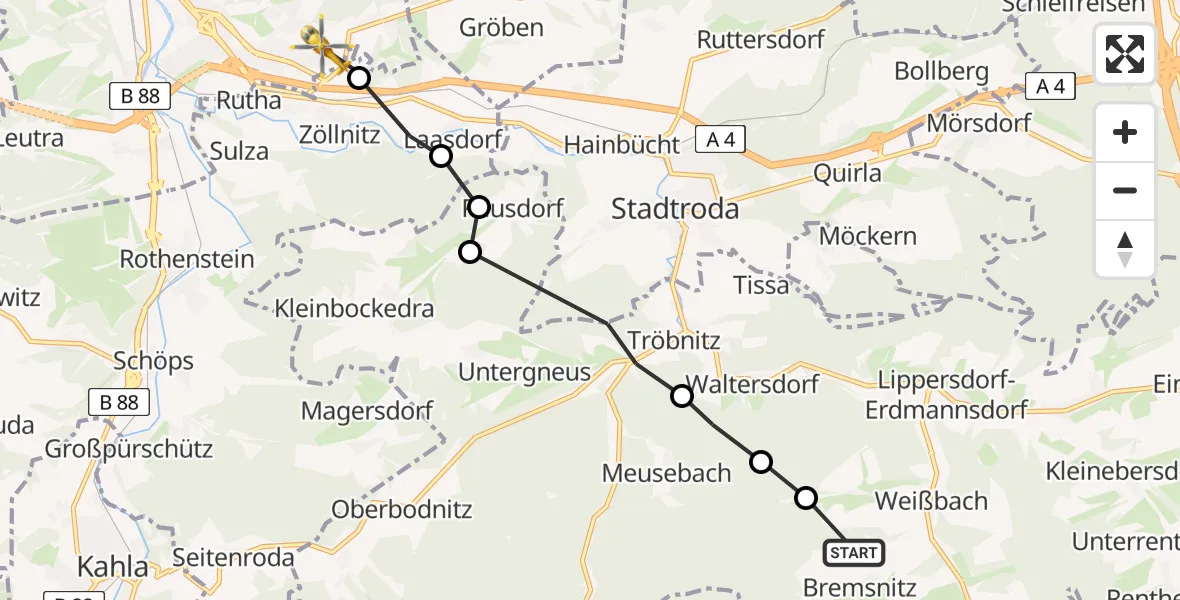 Flugroute Rettungshubschrauber Bremsnitz - Jena, 20 Juli 2026, 09:43