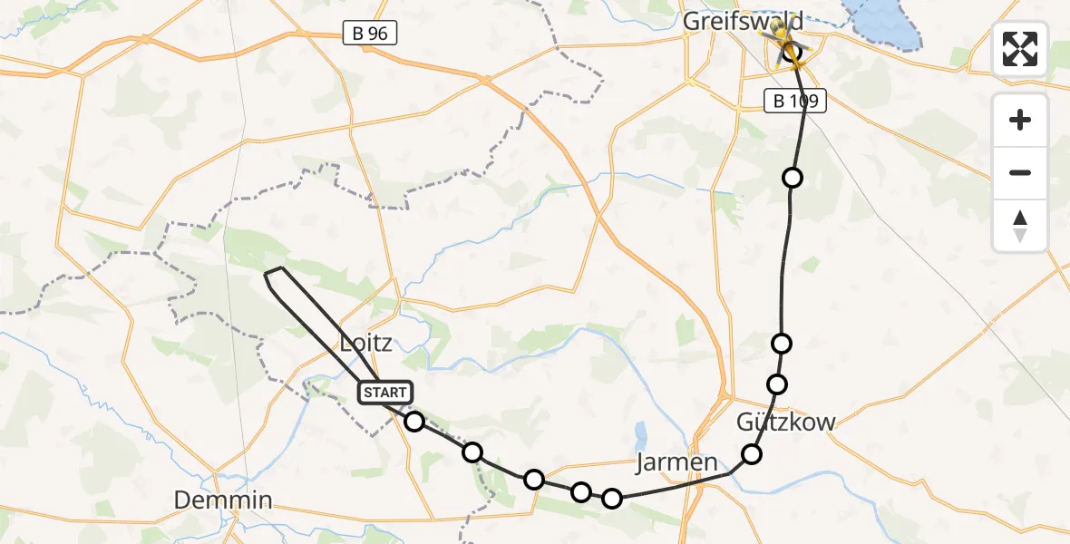 Flugroute Rettungshubschrauber Loitz - Greifswald Hospital Hubschrauberlandeplatz, 20 Juli 2026, 09:49