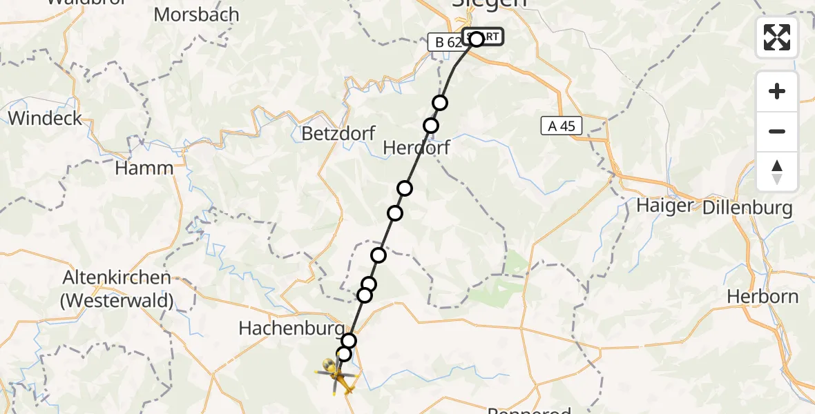 Flugroute Rettungshubschrauber Evangelisches Jung-Stilling Hospital - Alpenrod, 20 Juli 2026, 10:05