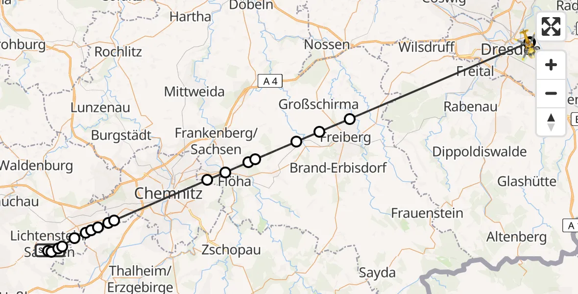 Flugroute Rettungshubschrauber DRK Hospital Lichtenstein - Dresden University Hospital, 20 Juli 2026, 10:05