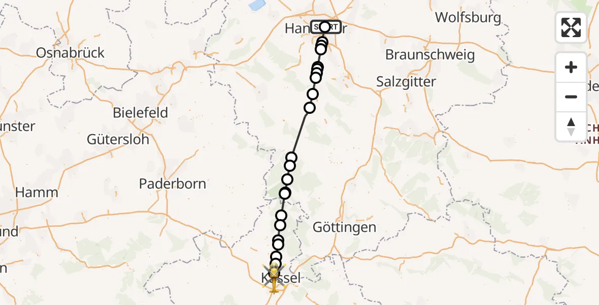 Flugroute Rettungshubschrauber Hannover Luftrettung Hubschrauberlandeplatz (Christoph 4) - Kassel, 20 Juli 2026, 10:06